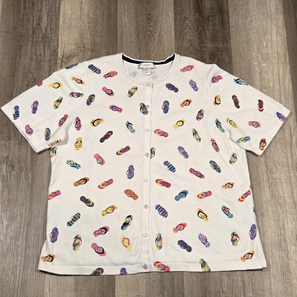CJ Banks White Shirt with Colorful Flip-Flop Print